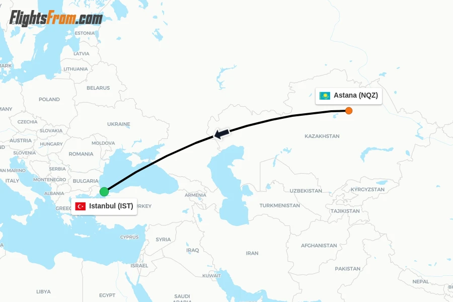 Flights from Astana to Istanbul route map
