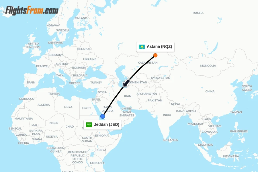 Flights from Astana to Jeddah route map