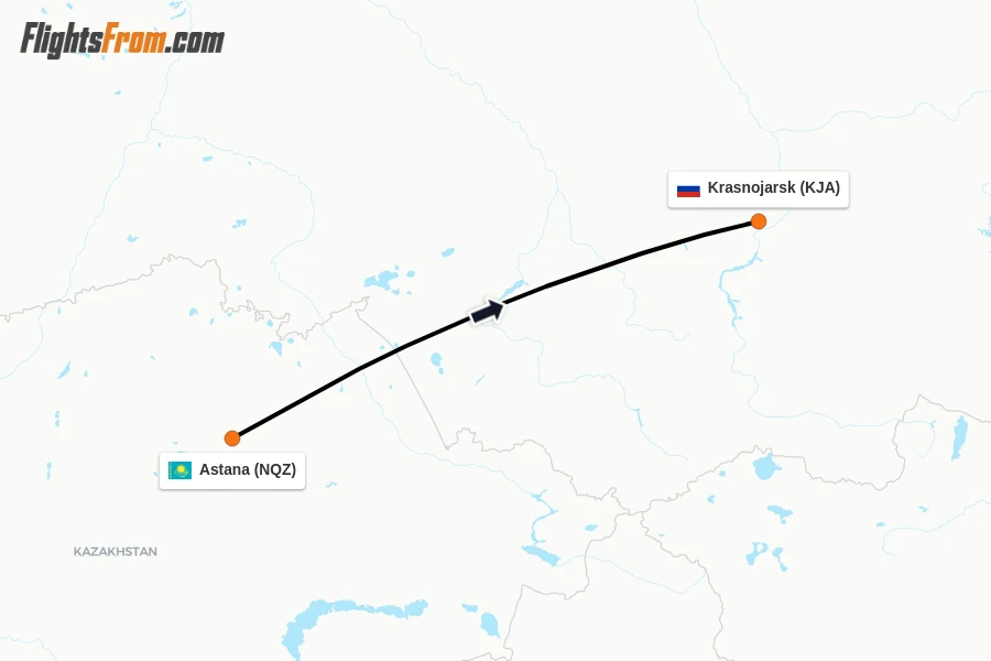 Flights from Astana to Krasnojarsk route map