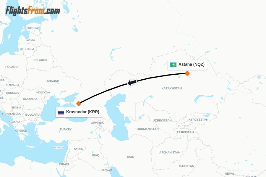 Flights from Astana to Krasnodar route map