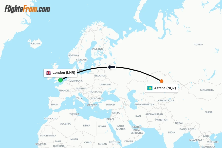 Flights from Astana to London route map
