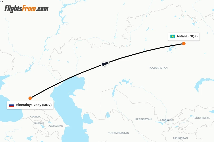 Flights from Astana to Mineralnye Vody route map