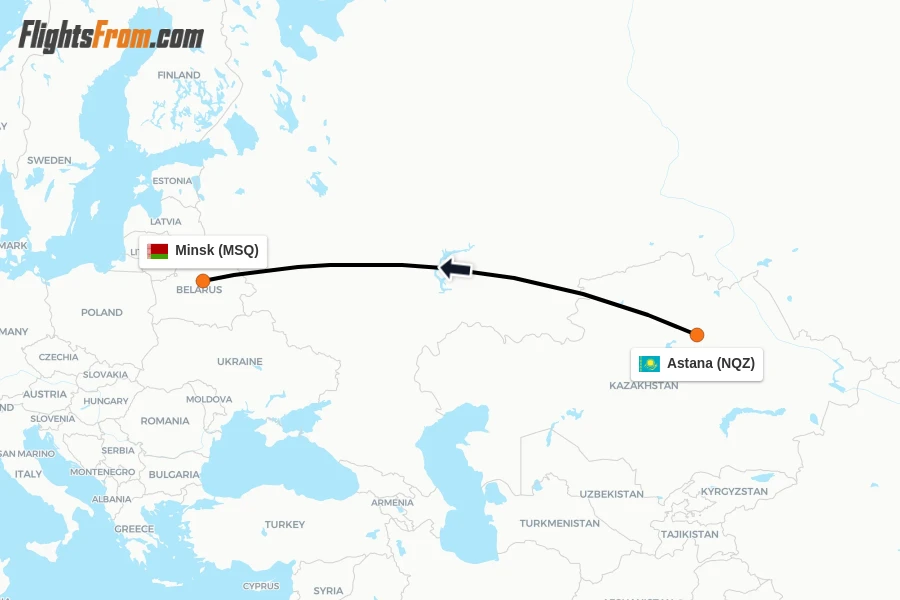 Flights from Astana to Minsk route map