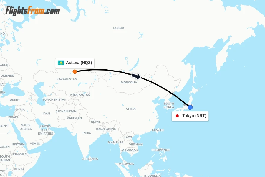 Flights from Astana to Tokyo route map