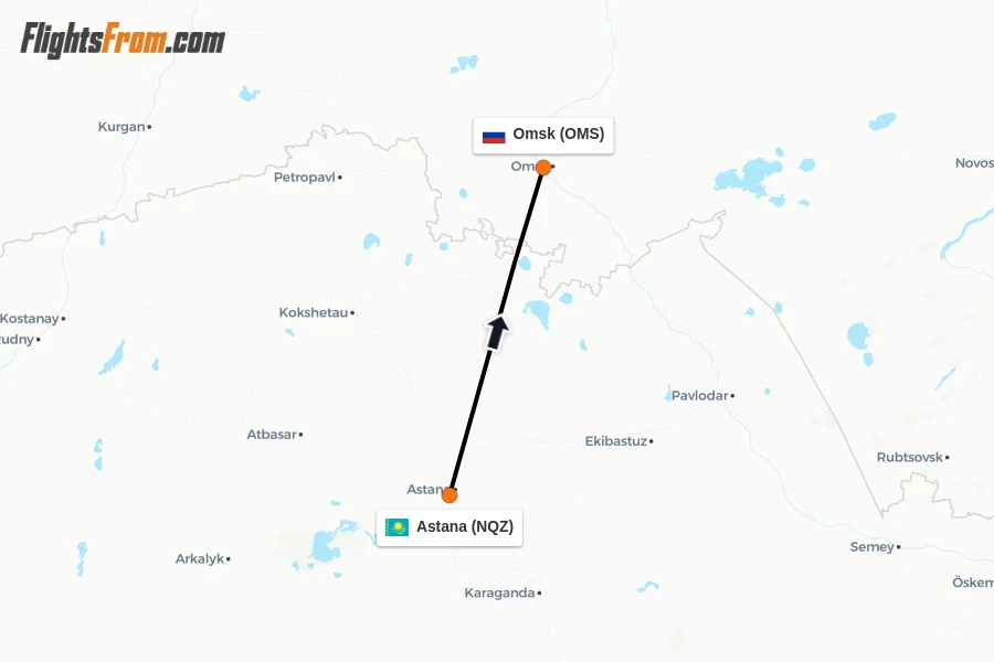 Flights from Astana to Omsk route map