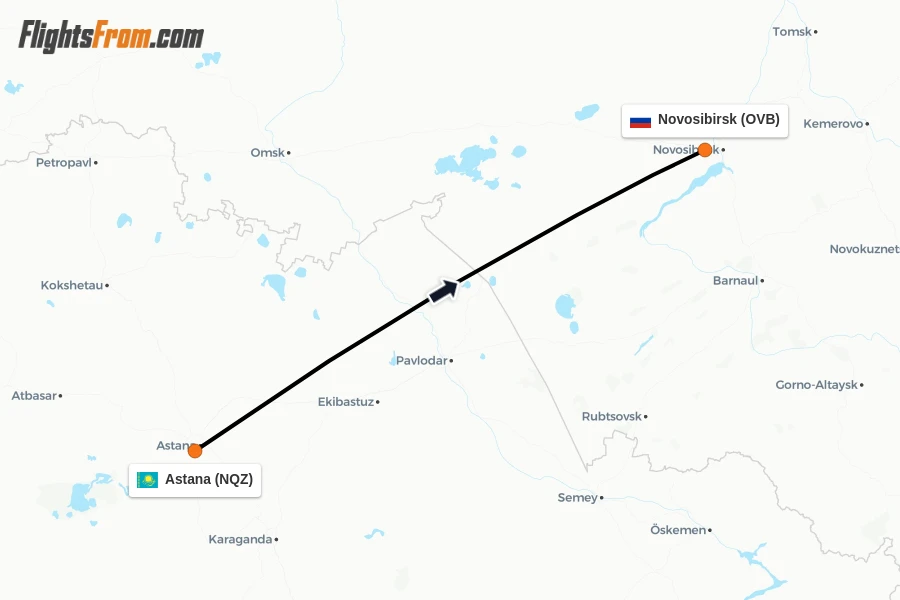 Flights from Astana to Novosibirsk route map