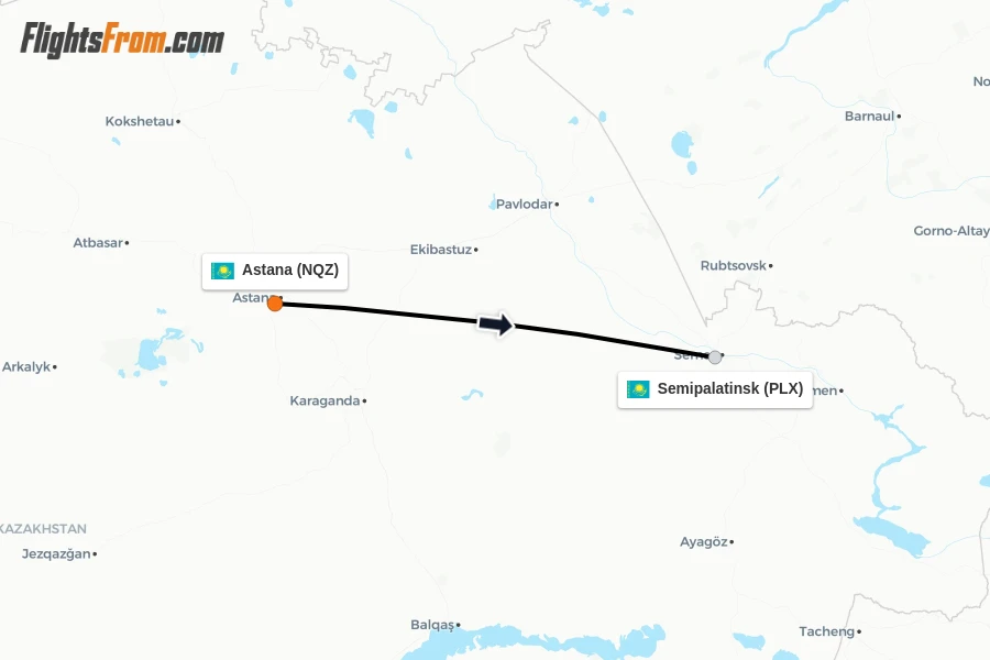 Flights from Astana to Semipalatinsk route map