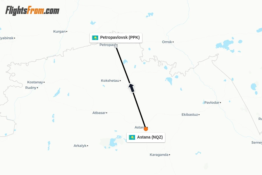 Flights from Astana to Petropavlovsk route map