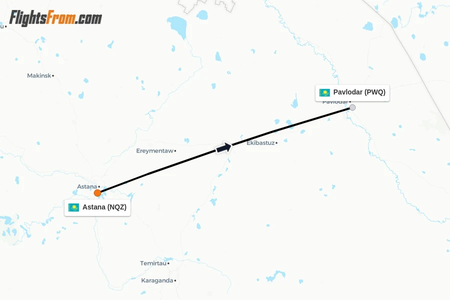 Flights from Astana to Pavlodar route map