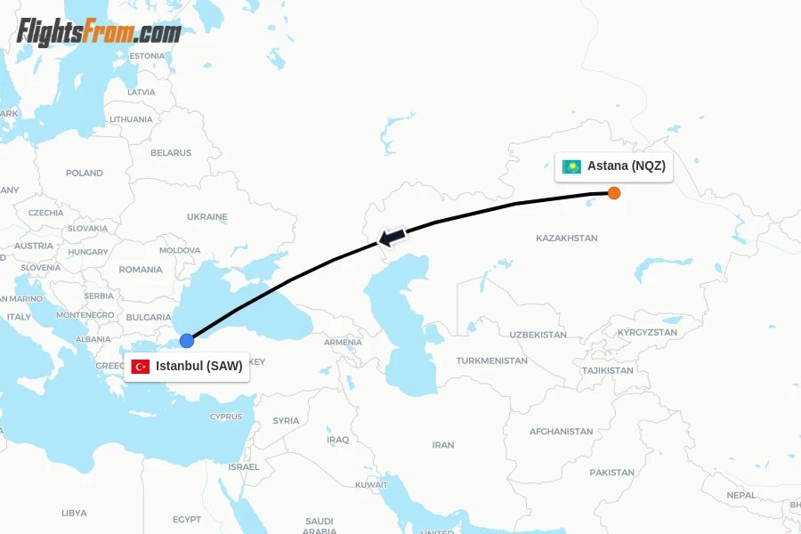 Flights from Astana to Istanbul route map