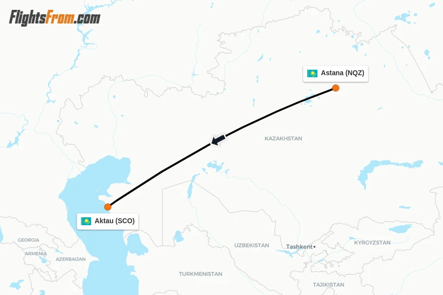 Flights from Astana to Aktau route map