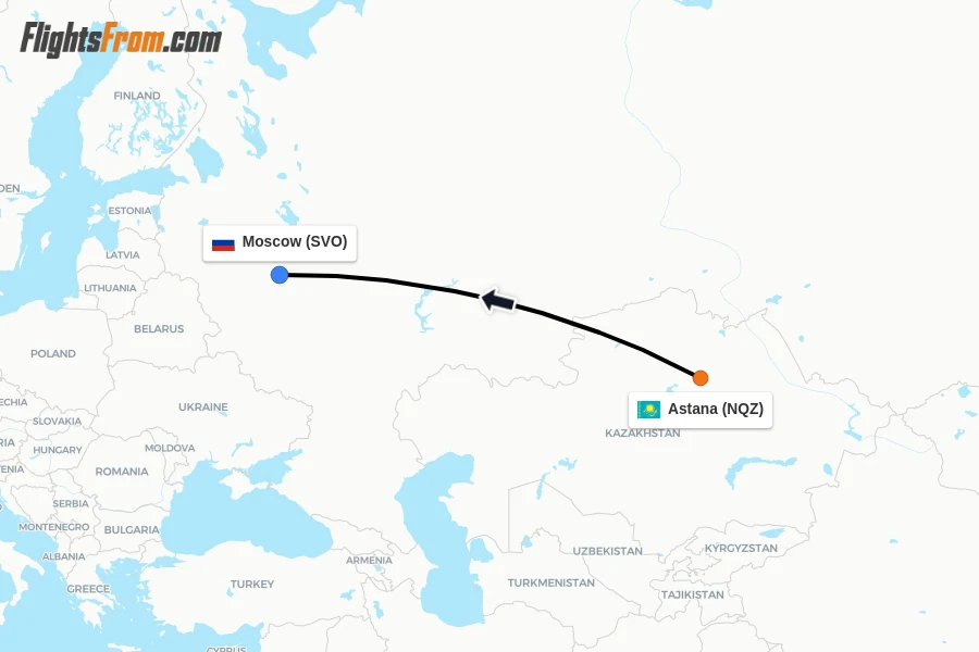 Flights from Astana to Moscow route map