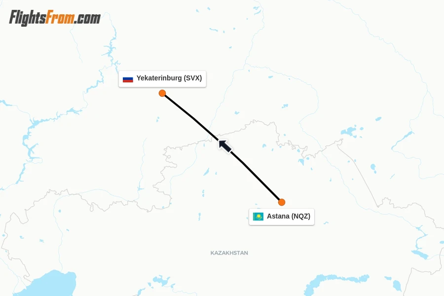 Flights from Astana to Yekaterinburg route map