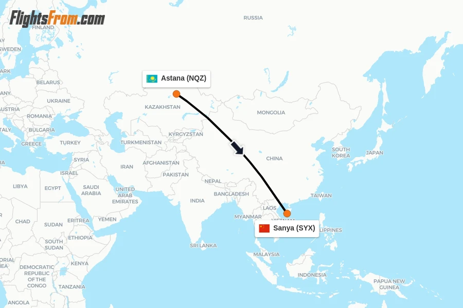 Flights from Astana to Sanya route map