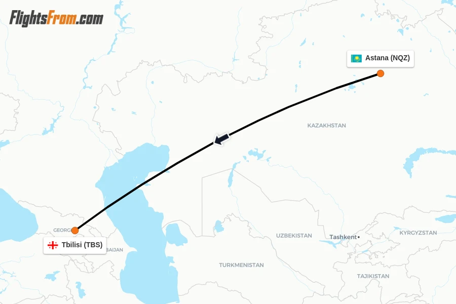 Flights from Astana to Tbilisi route map