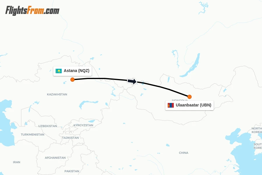 Flights from Astana to Ulaanbaatar route map