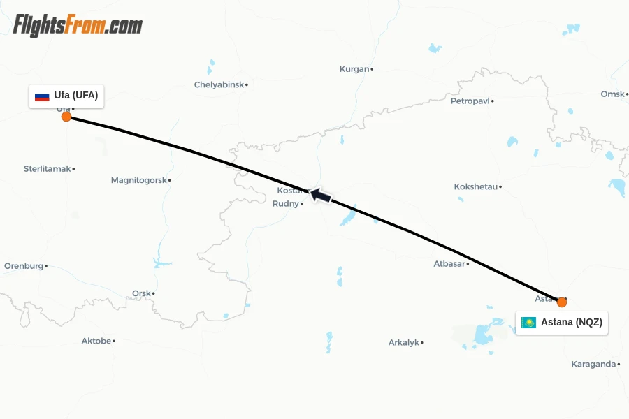 Flights from Astana to Ufa route map