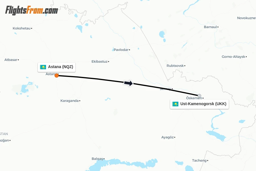 Flights from Astana to Ust-Kamenogorsk route map