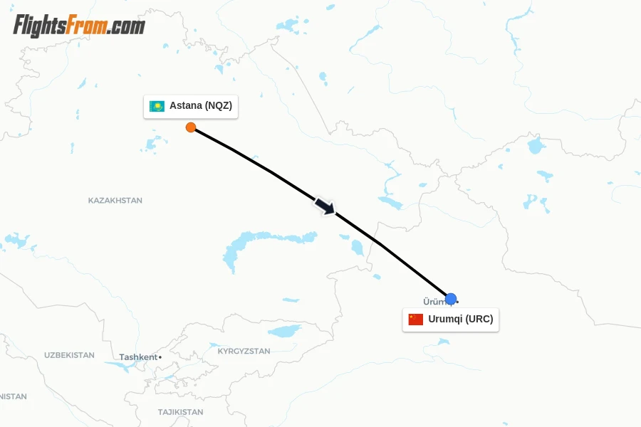 Flights from Astana to Urumqi route map