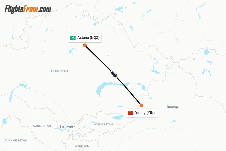 Flights from Astana to Yining route map