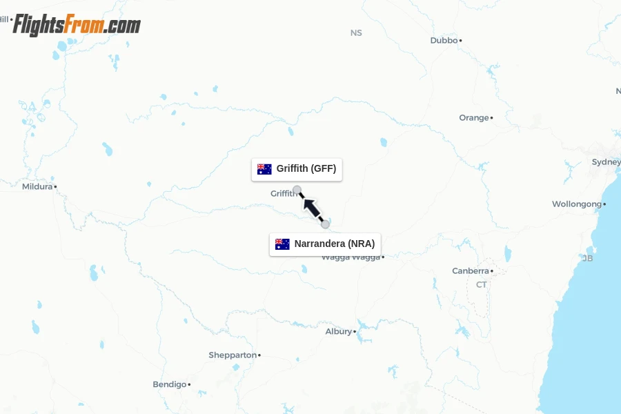 Flights from Narrandera to Griffith route map