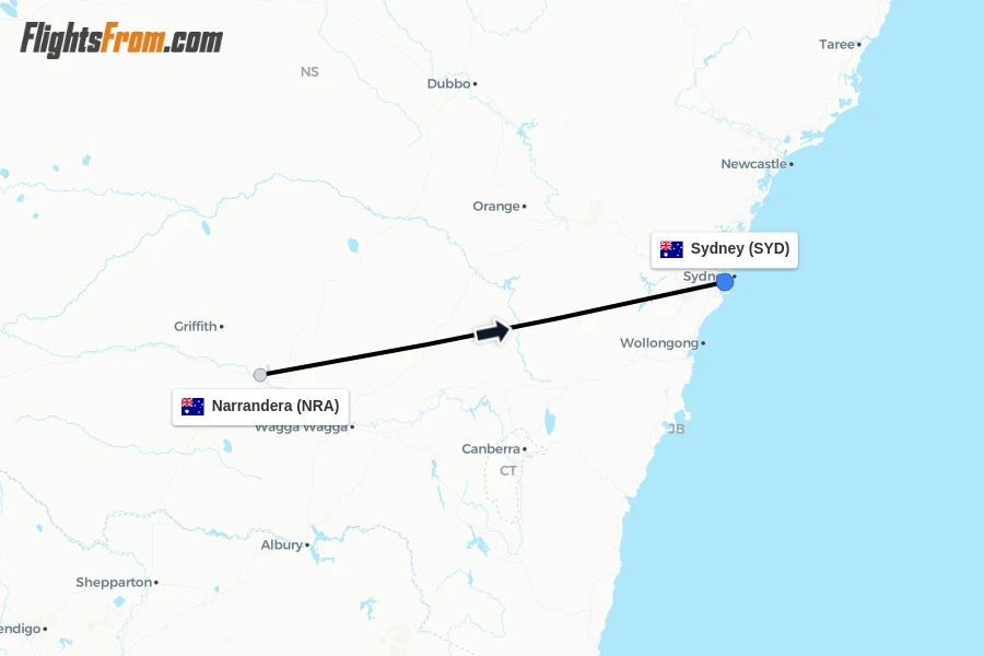 Flights from Narrandera to Sydney route map