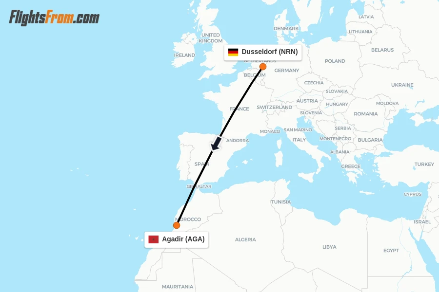 Flights from Dusseldorf to Agadir route map