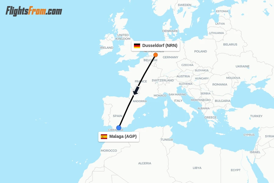 Flights from Dusseldorf to Malaga route map
