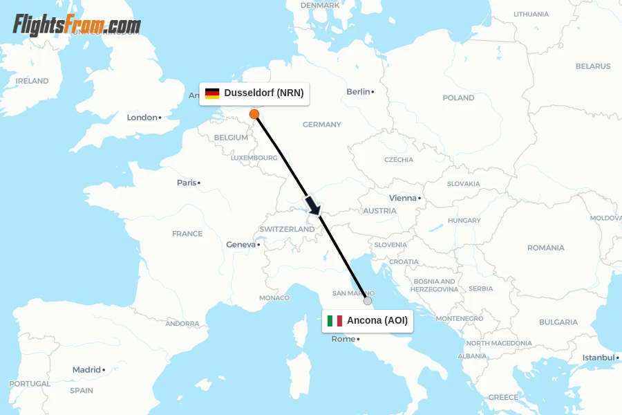 Flights from Dusseldorf to Ancona route map