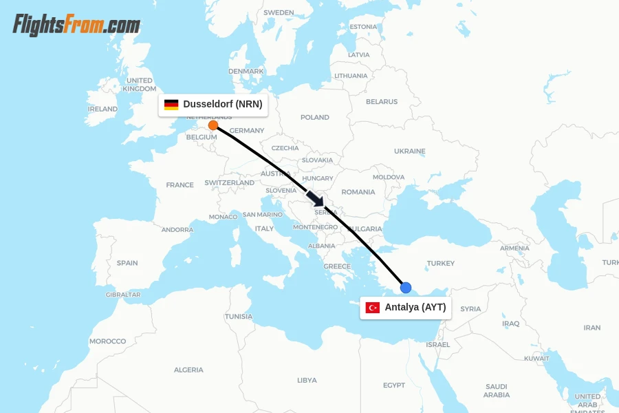 Flights from Dusseldorf to Antalya route map