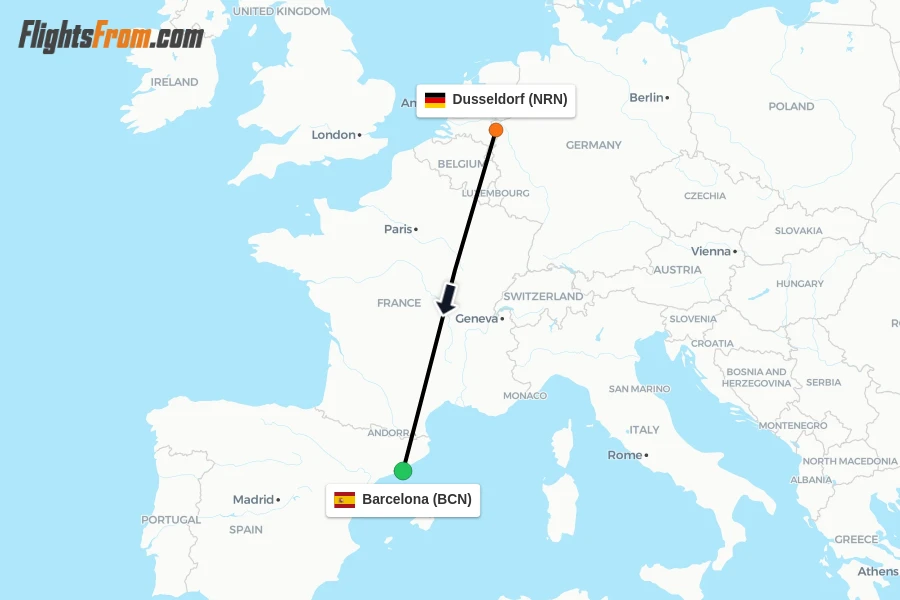 Flights from Dusseldorf to Barcelona route map