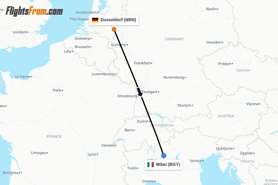 Flights from Dusseldorf to Milan route map