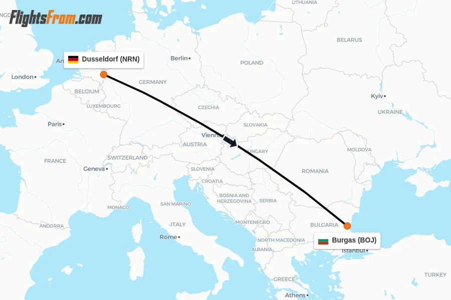 Flights from Dusseldorf to Burgas route map