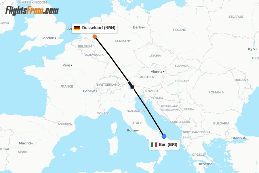 Flights from Dusseldorf to Bari route map