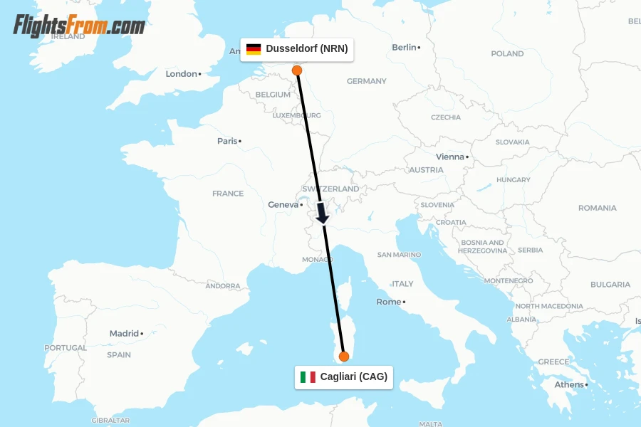 Flights from Dusseldorf to Cagliari route map