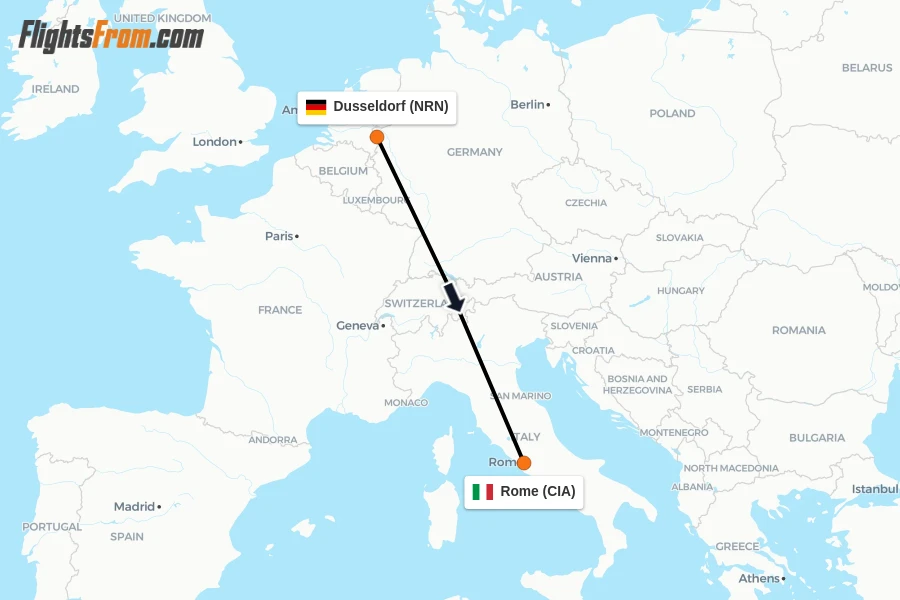 Flights from Dusseldorf to Rome route map