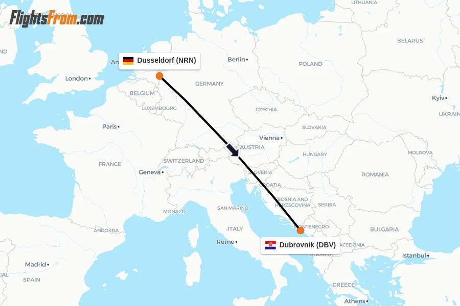 Flights from Dusseldorf to Dubrovnik route map
