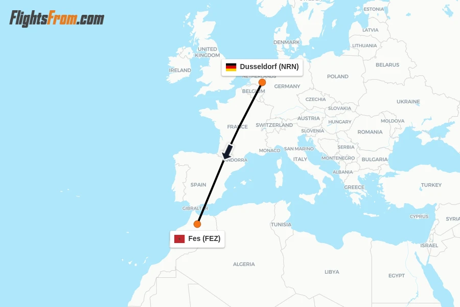 Flights from Dusseldorf to Fes route map