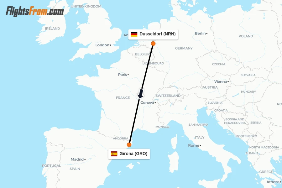 Flights from Dusseldorf to Girona route map