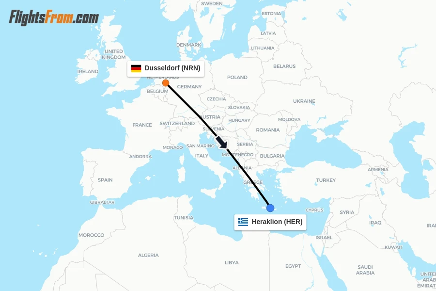 Flights from Dusseldorf to Heraklion route map