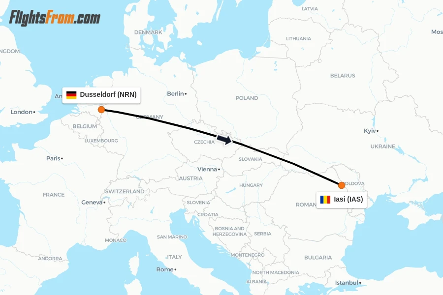 Flights from Dusseldorf to Iasi route map