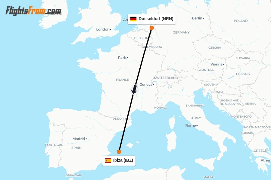 Flights from Dusseldorf to Ibiza route map