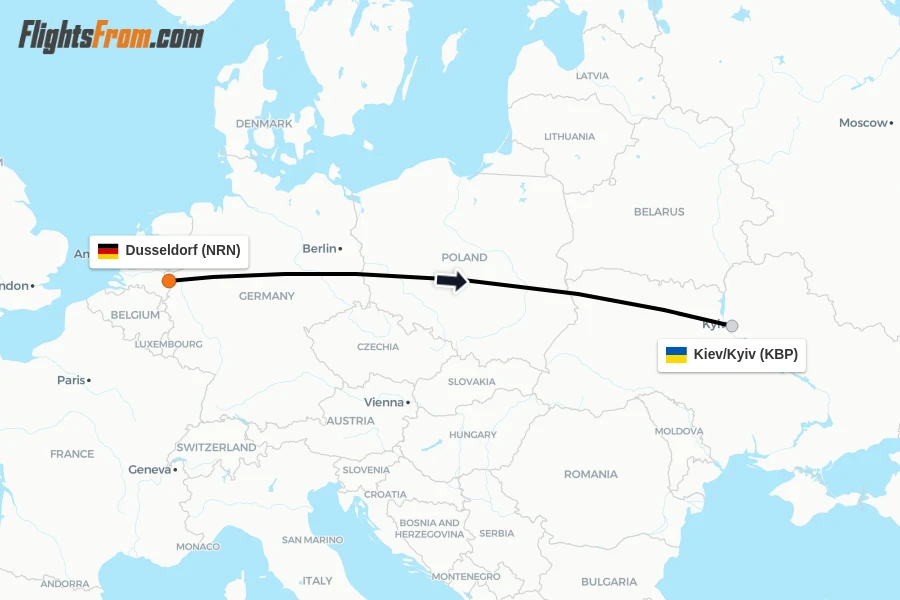Flights from Dusseldorf to Kiev/Kyiv route map