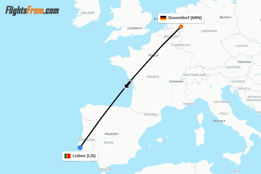 Flights from Dusseldorf to Lisbon route map