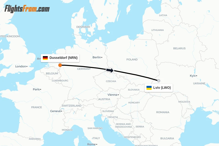 Flights from Dusseldorf to Lviv route map