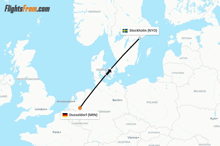 Flights from Dusseldorf to Stockholm route map