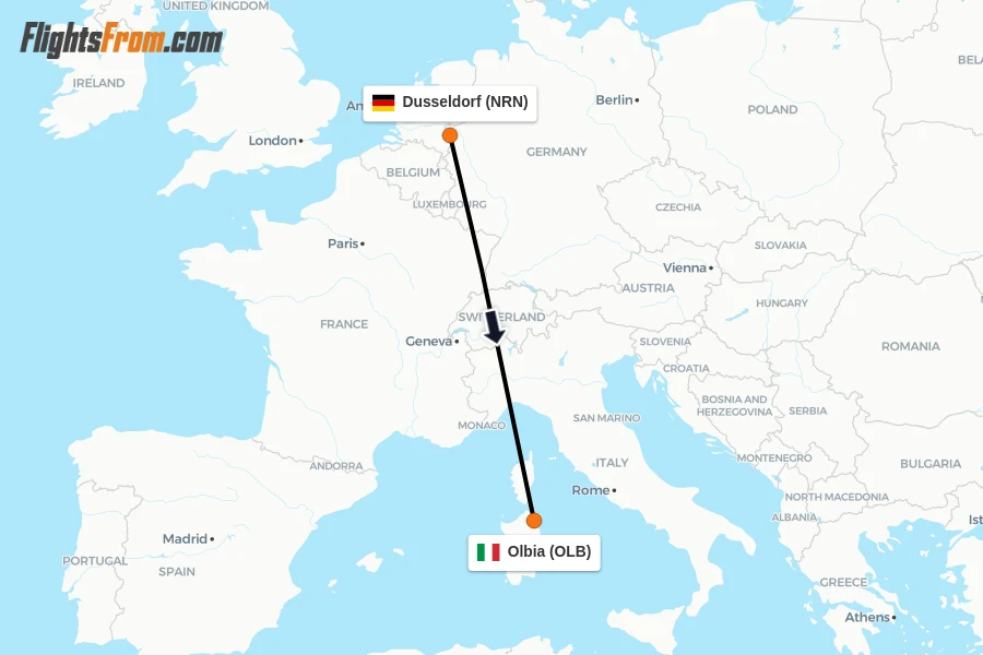 Flights from Dusseldorf to Olbia route map