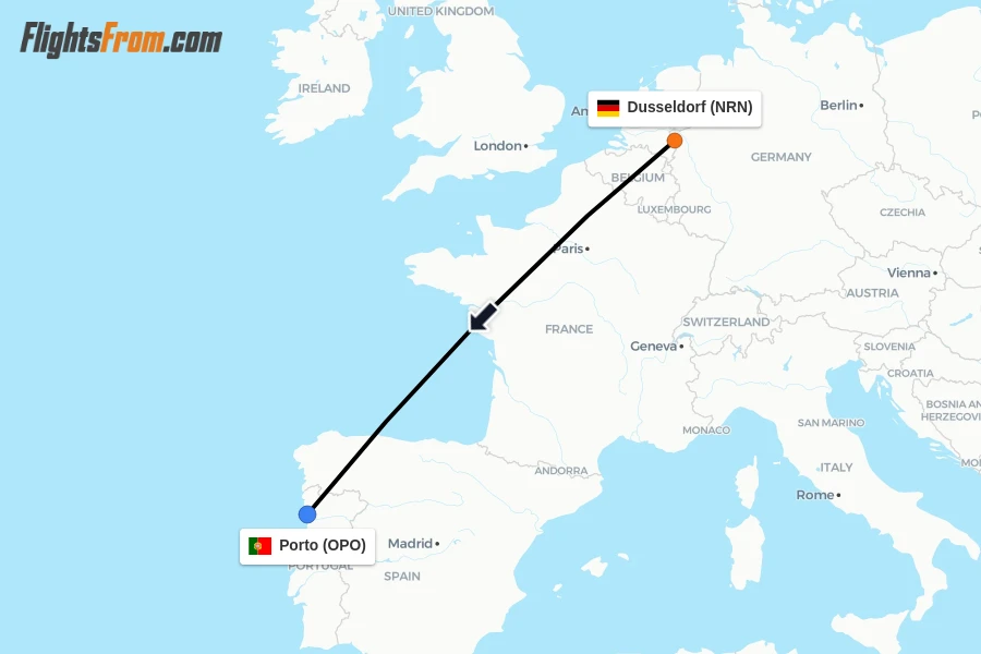 Flights from Dusseldorf to Porto route map