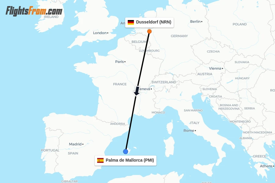 Flights from Dusseldorf to Palma de Mallorca route map