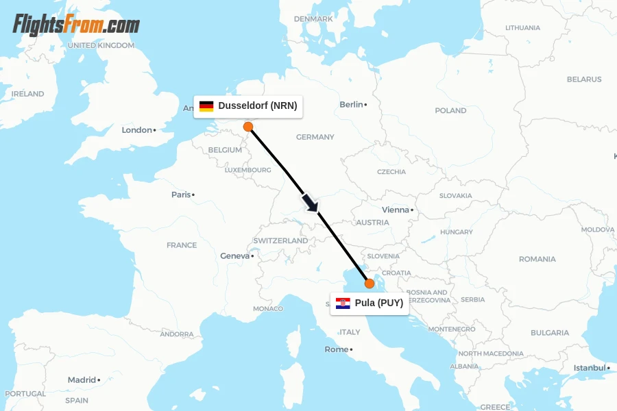 Flights from Dusseldorf to Pula route map